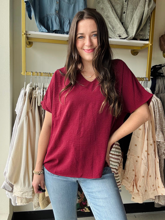 Burgundy Woven Short Sleeve