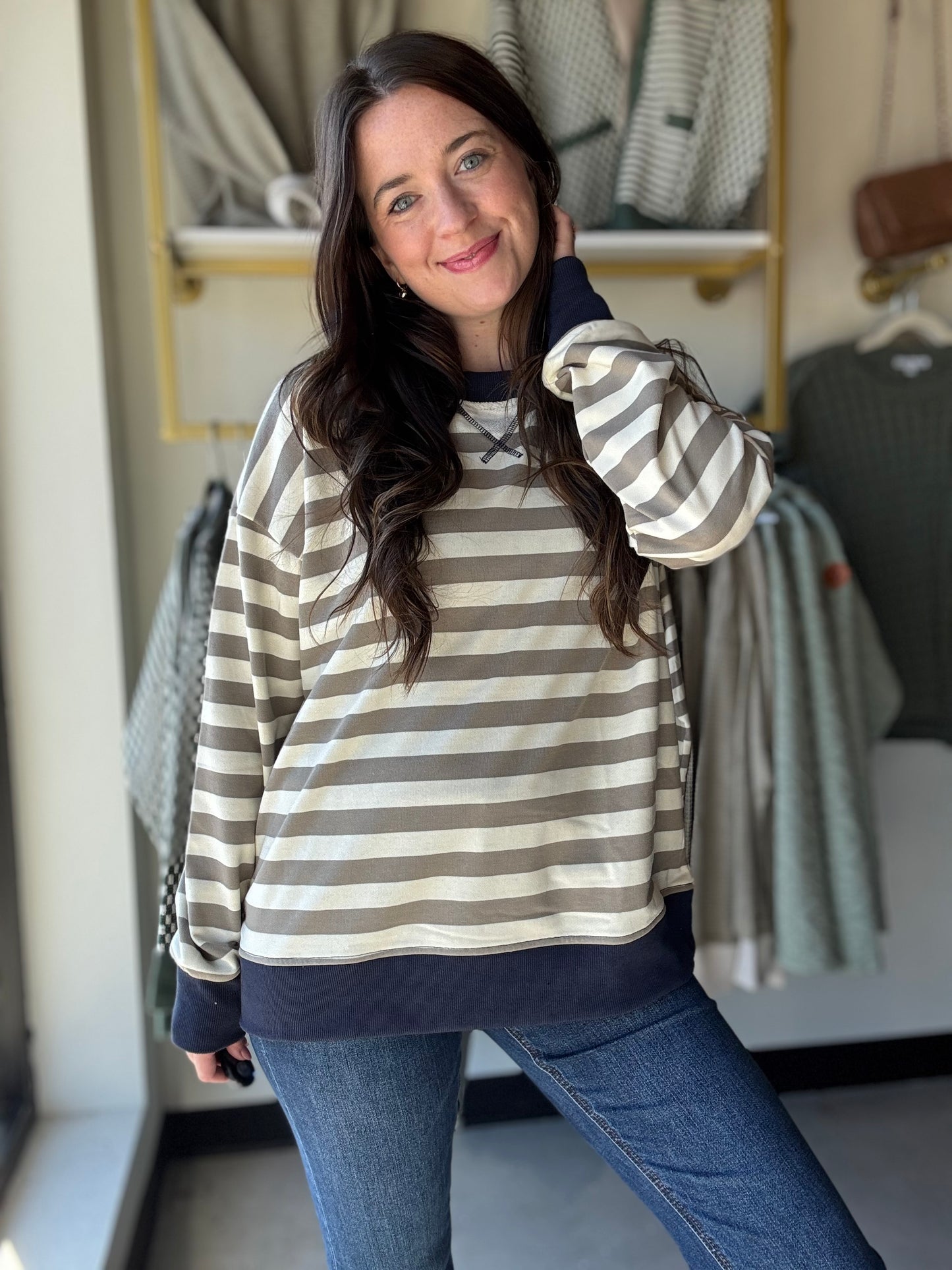 Olive & Navy Striped Pullover