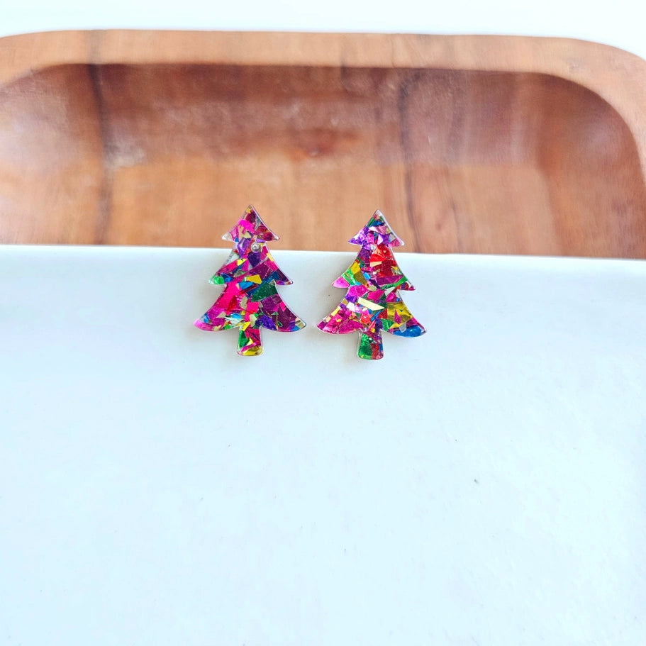 Pink Sparkle Christmas Tree Studs