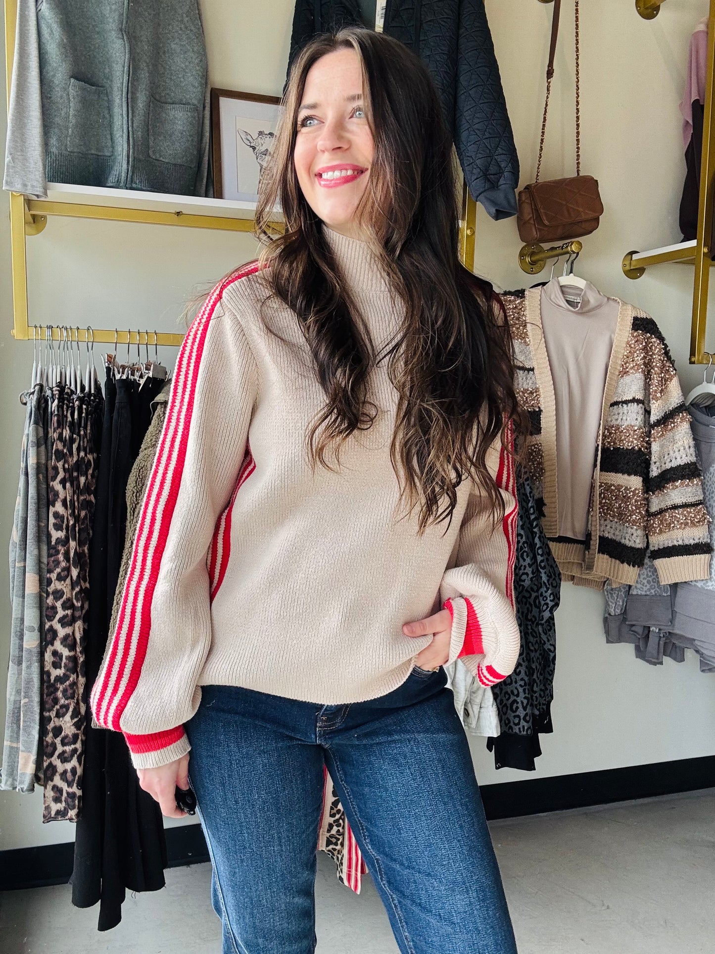 Red Accent Mock Neck Sweater