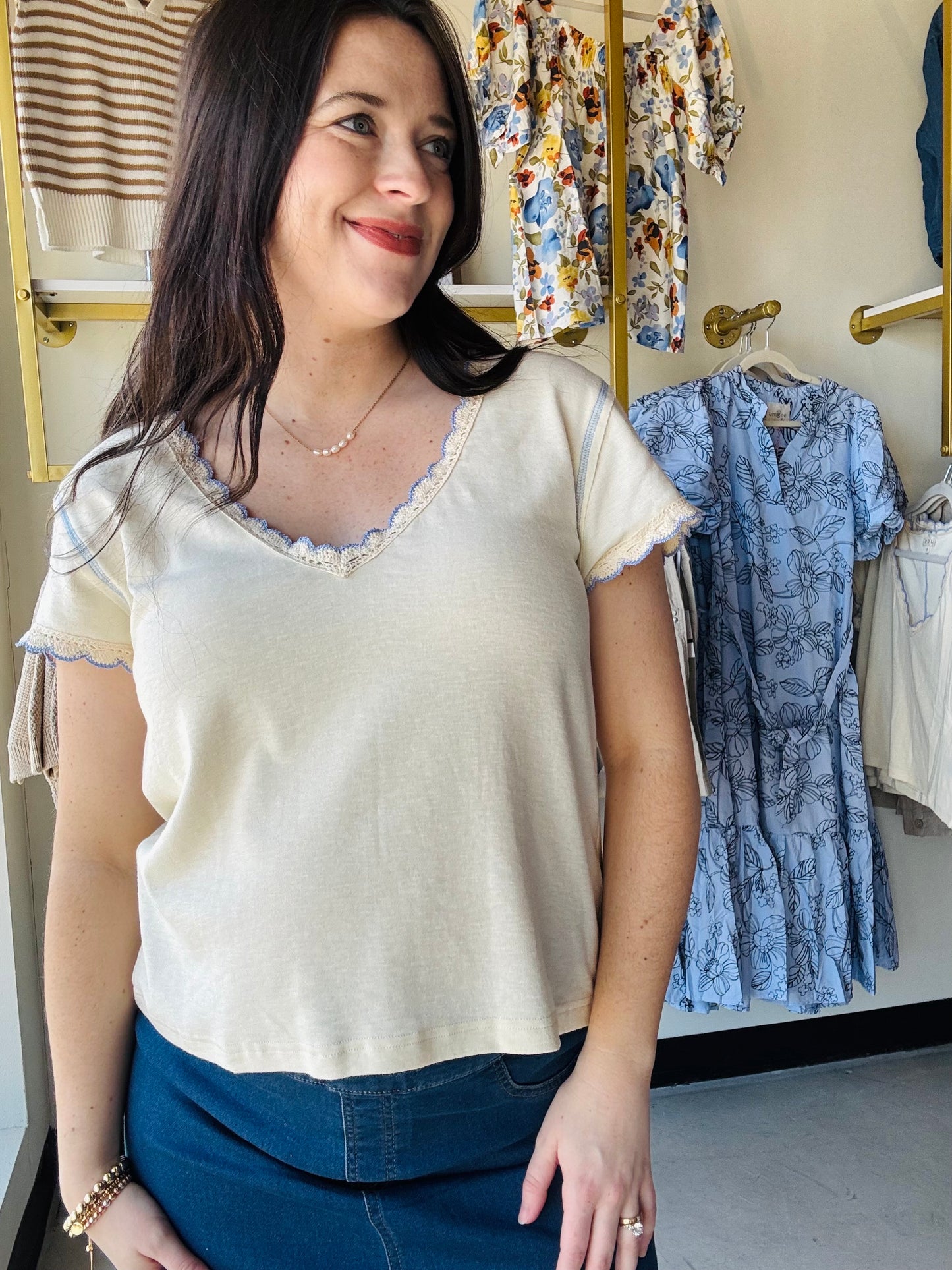 Cream Crochet Trim V Neck