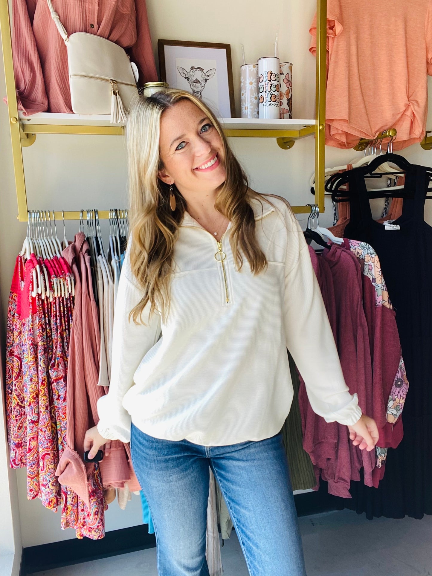 Levi Ivory Ribbed Quarter Zip