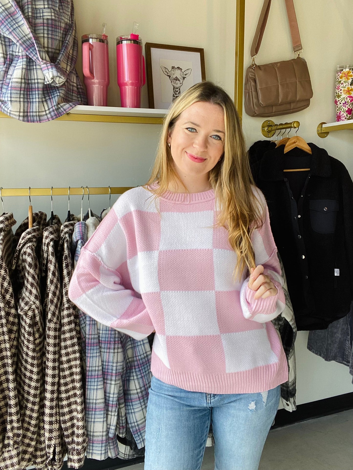 Pink Checkered Bishop Sweater