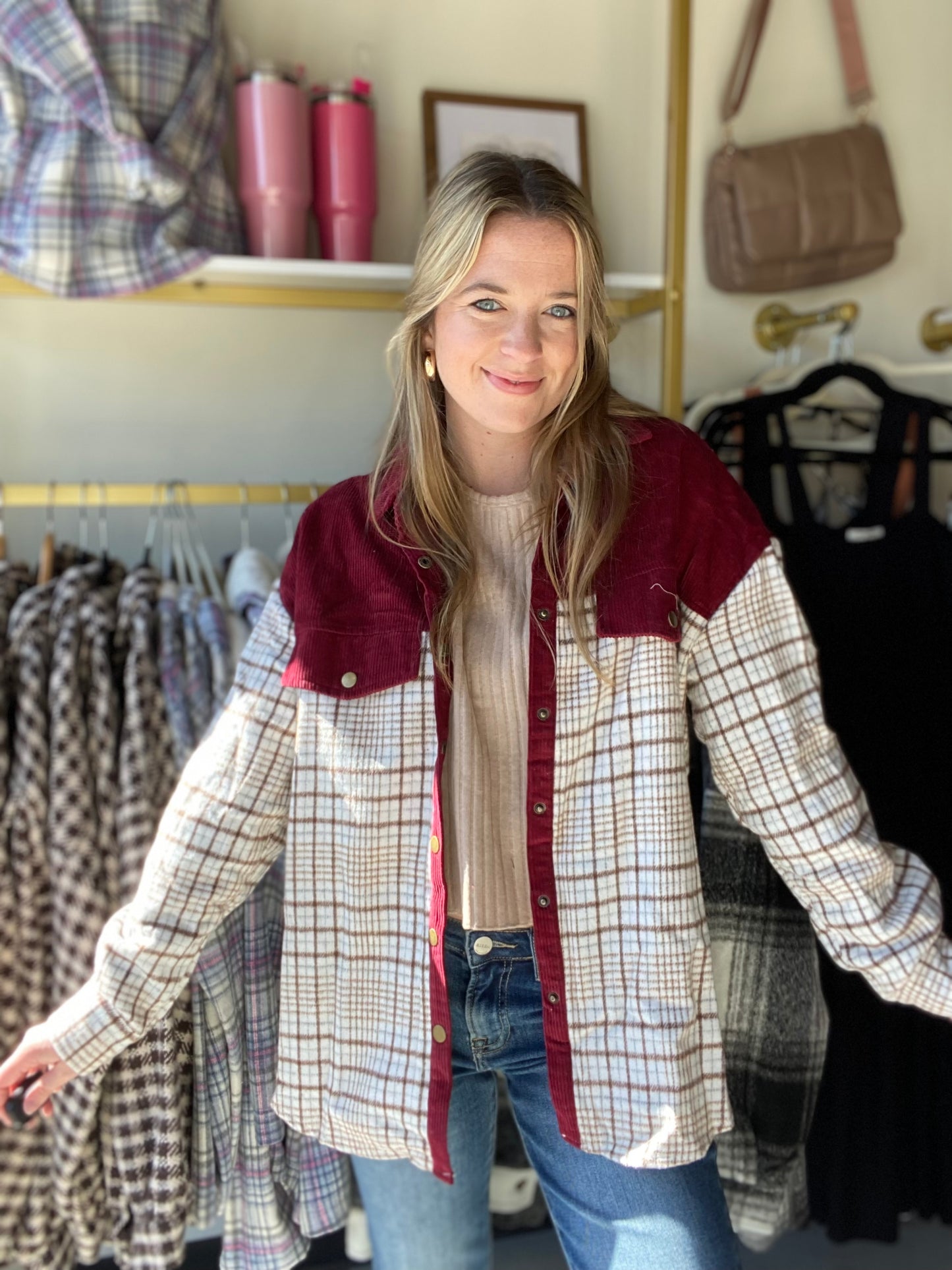 Burgundy Plaid Buttoned Shacket