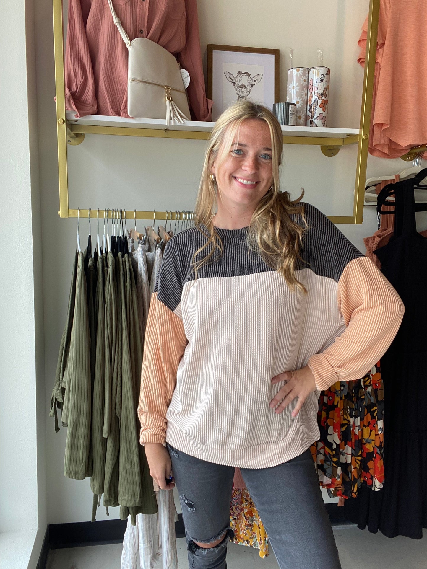 Charcoal and Peach Ribbed Longsleeve