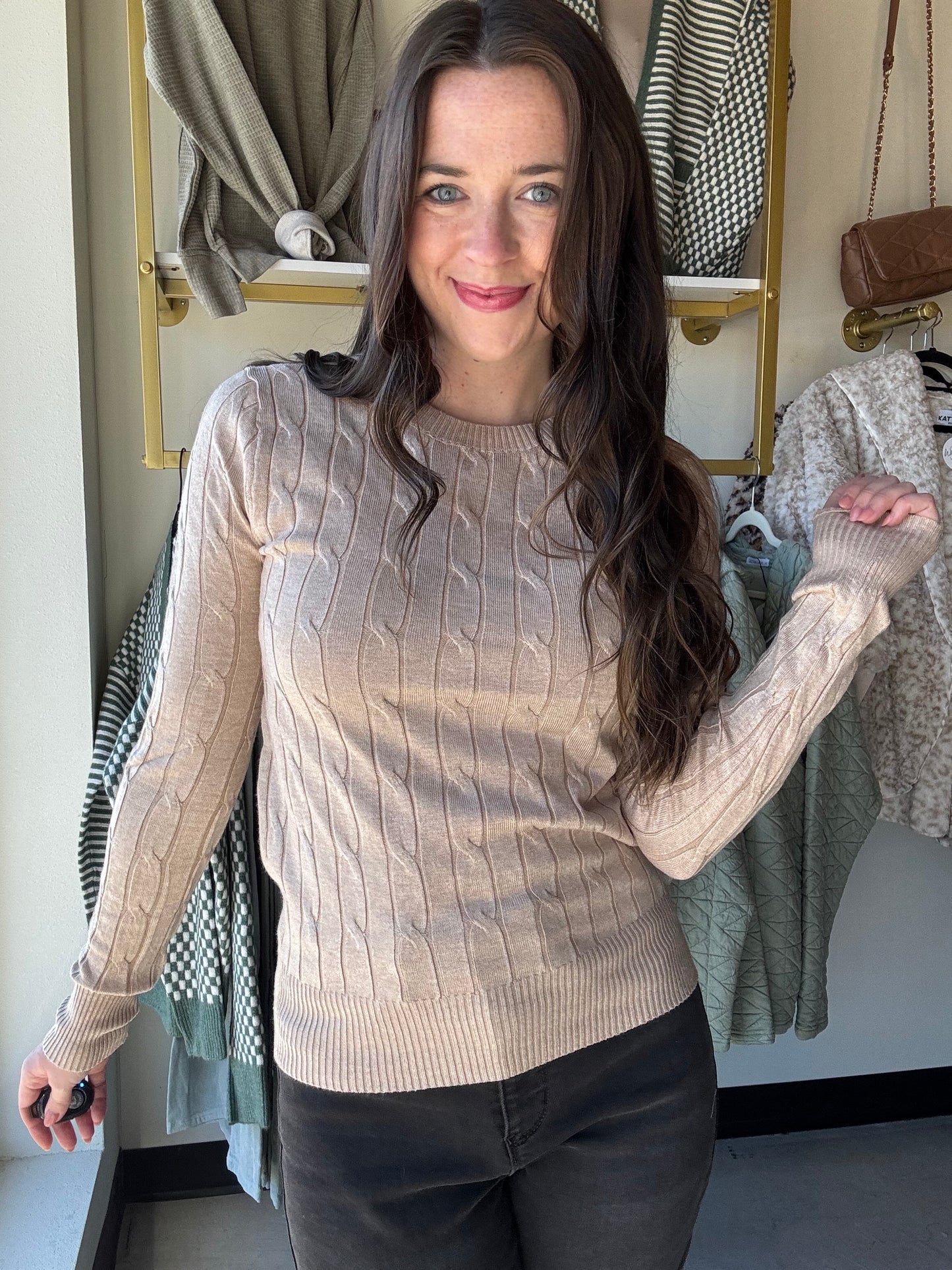 Khaki Cable Knit Crewneck