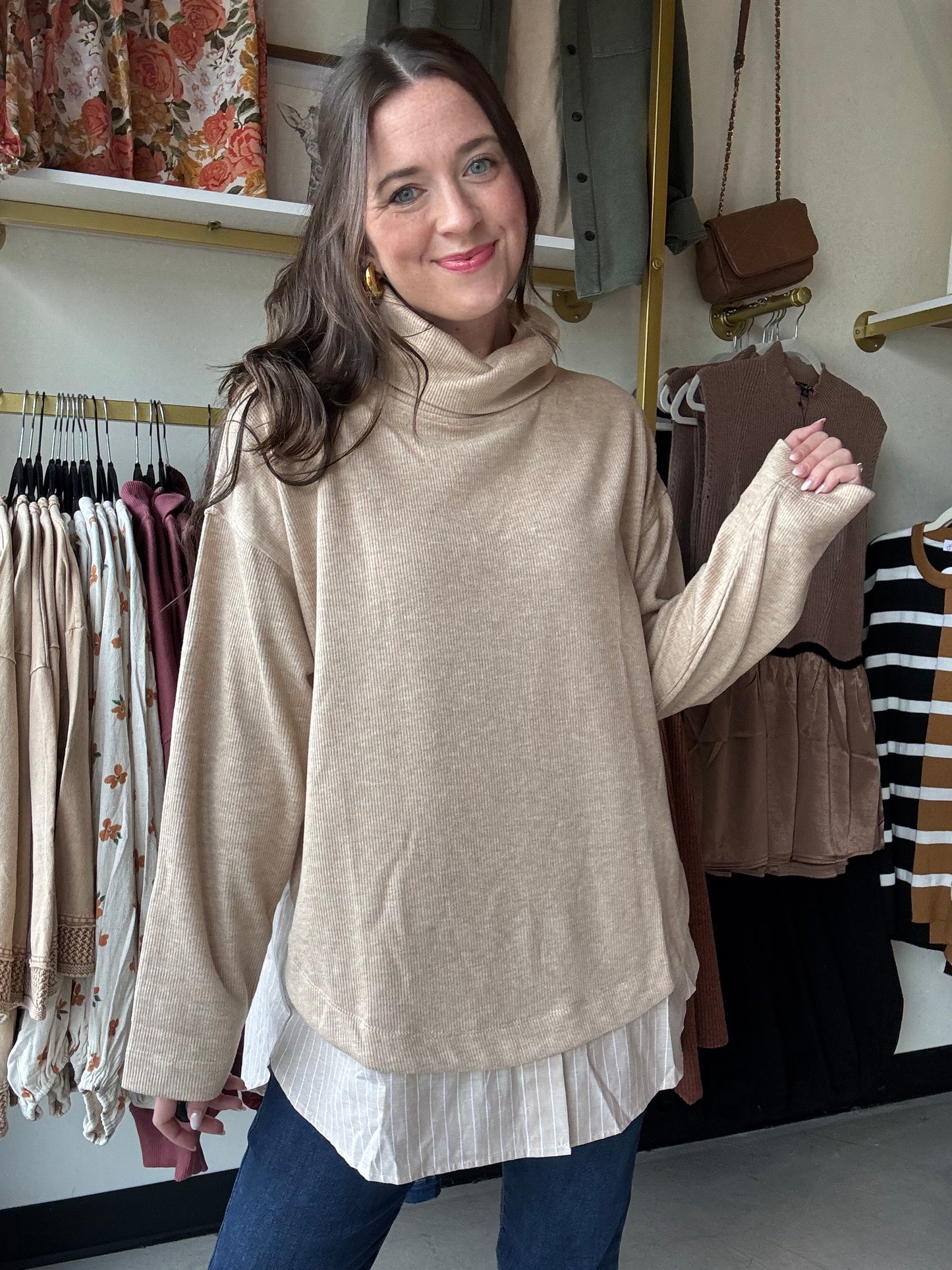 Latte Button Down Detail Turtleneck
