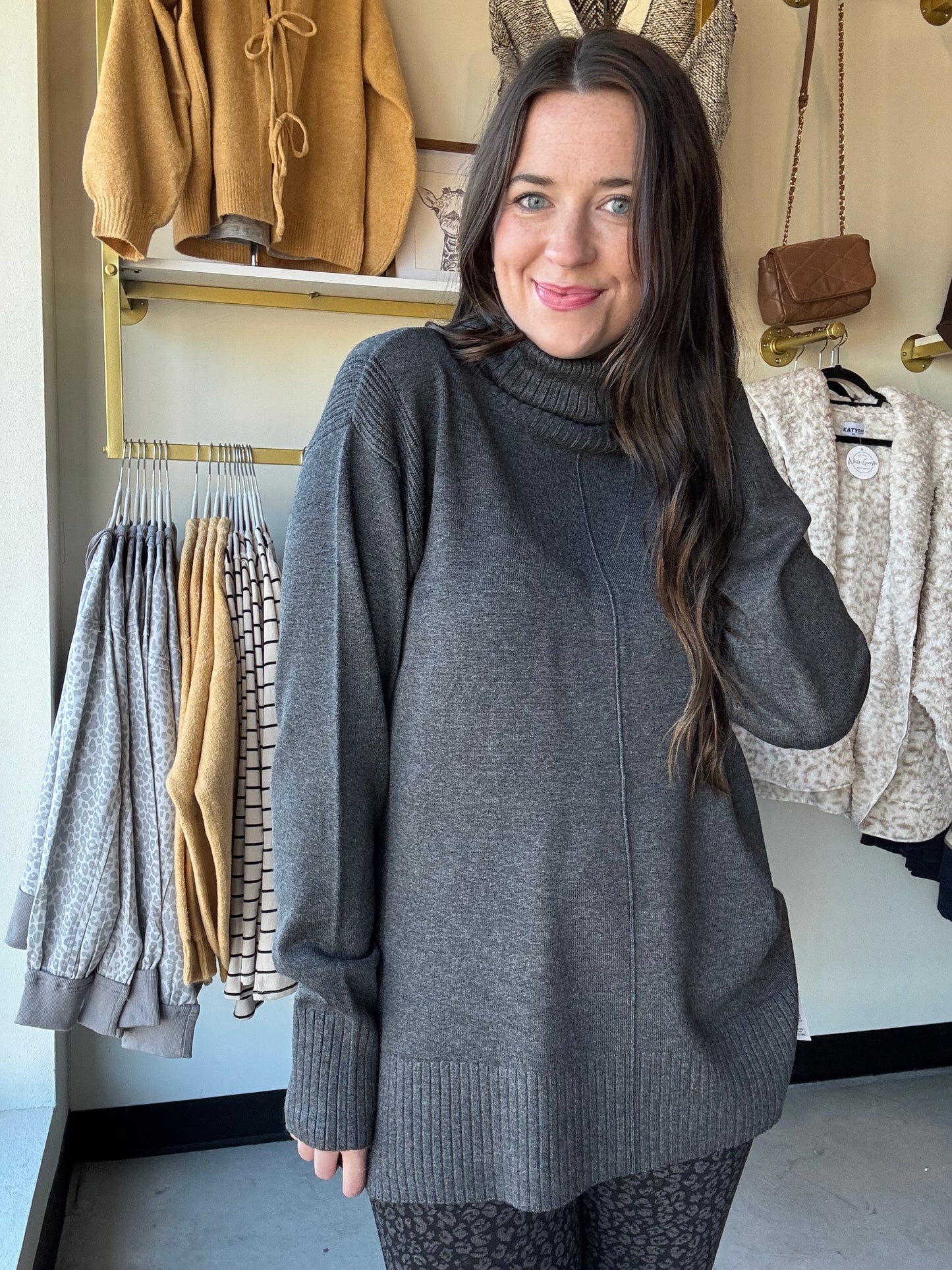 Drop Shoulder Charcoal Turtleneck