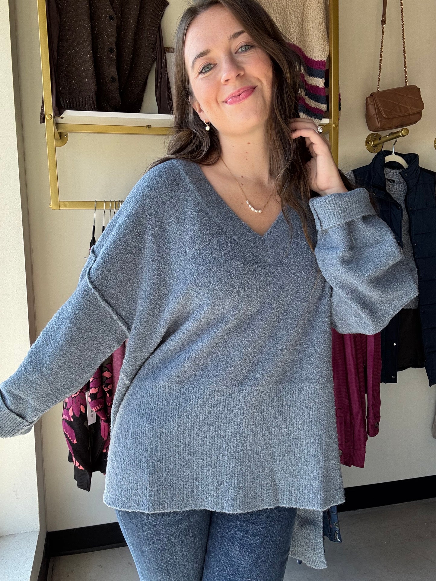 Denim Slouchy V Neck Sweater