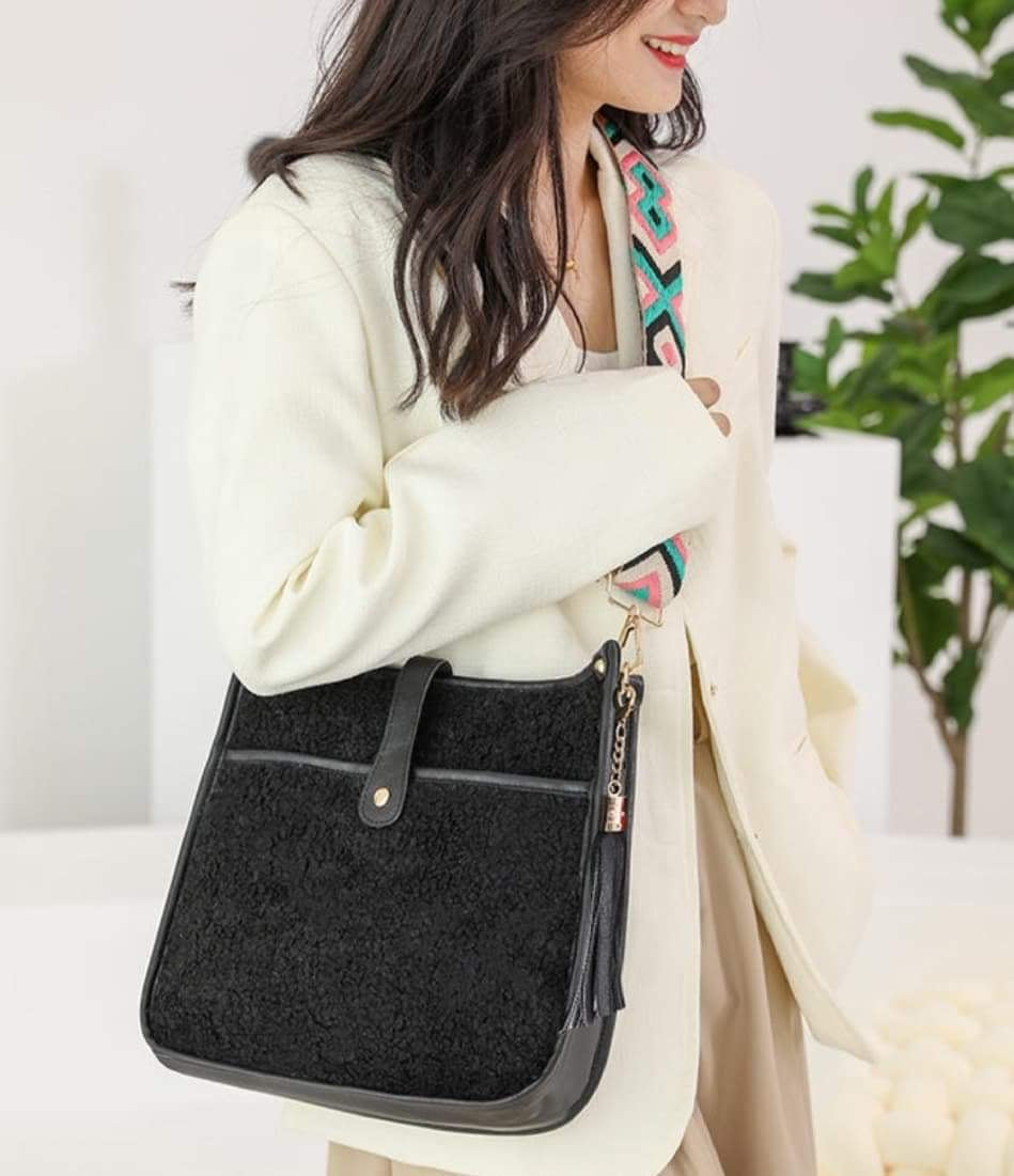 Faux Leather and Sherpa Crossbody- Black