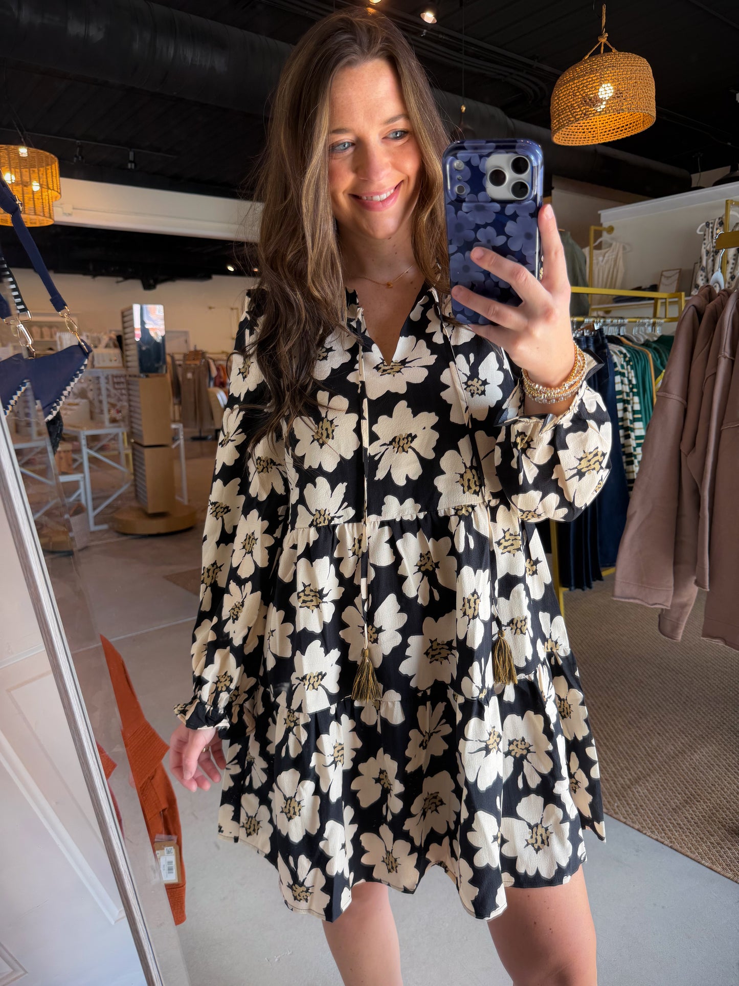 Black & White Floral Tiered Mini Dress