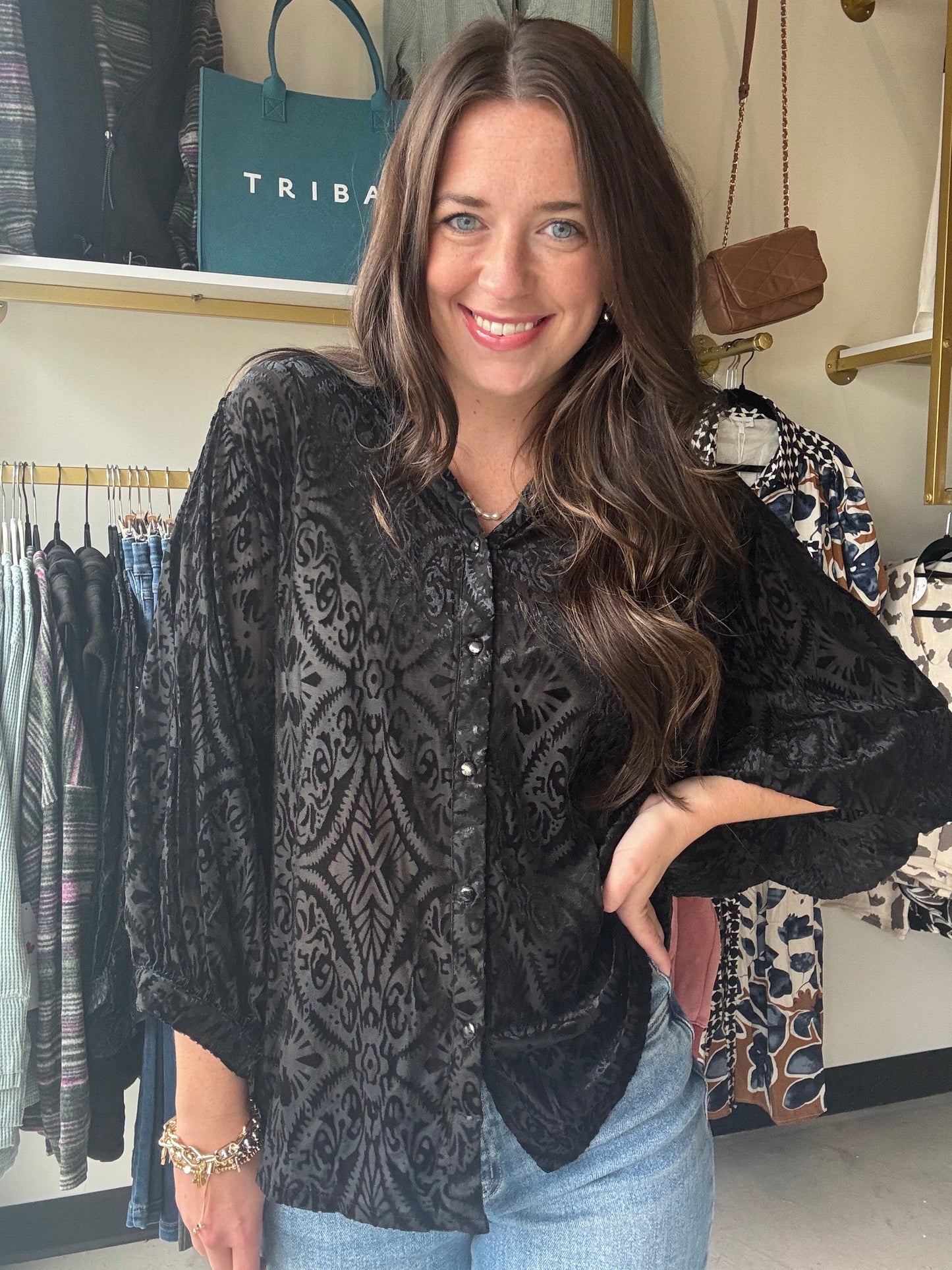 Black Burnout Button Top