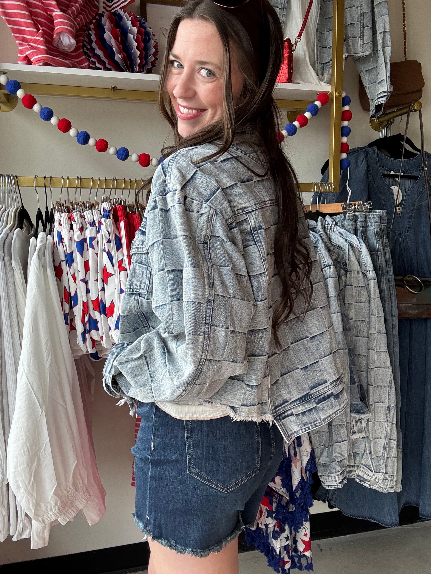 Distressed Hem Check Denim Jacket