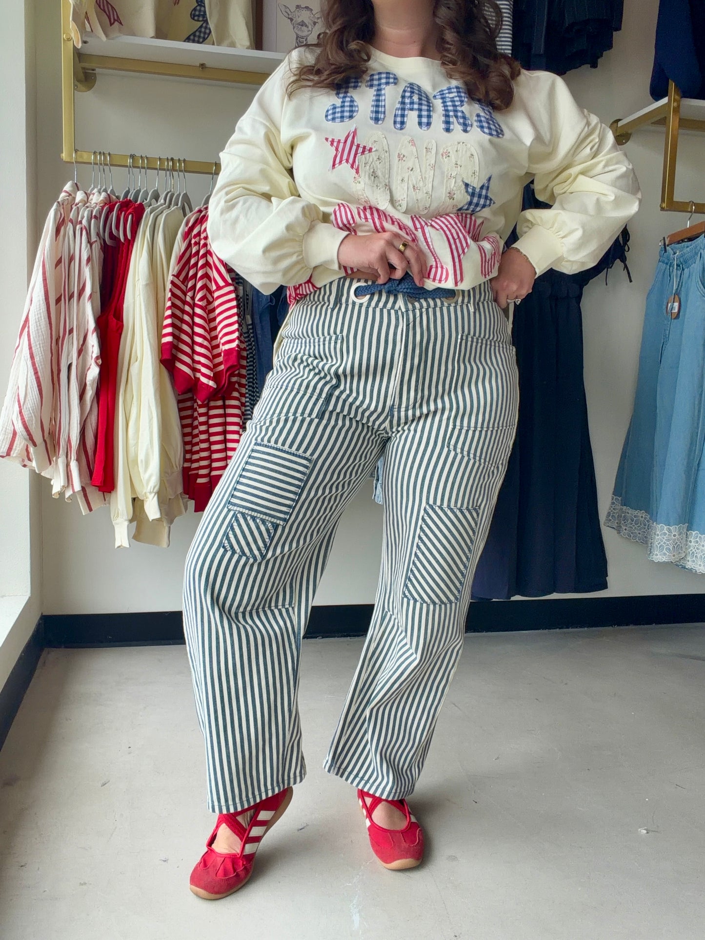 Navy Stripe Twill Barrel Pants