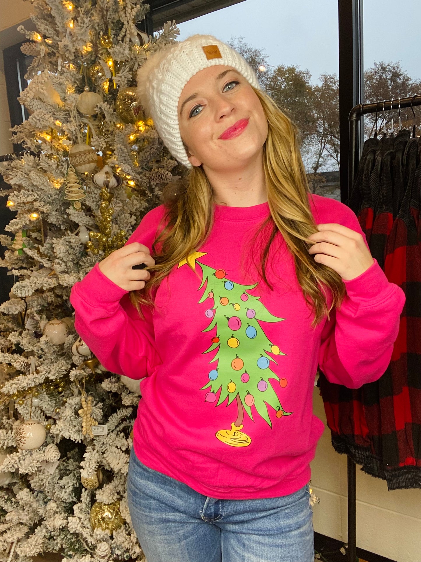 Hot Pink Grinch Tree Crewneck