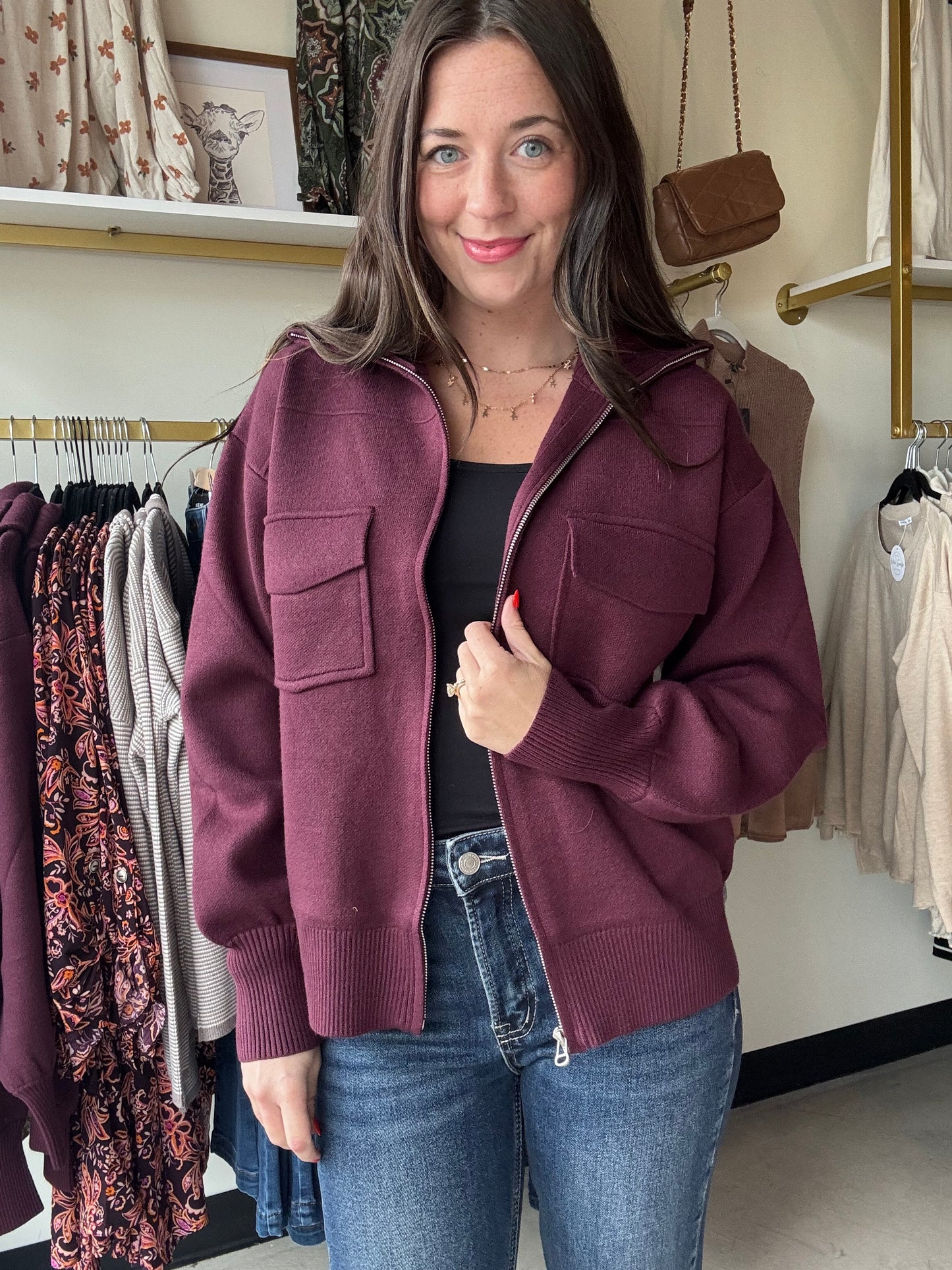 Plum Front Pocket Sweater Jacket