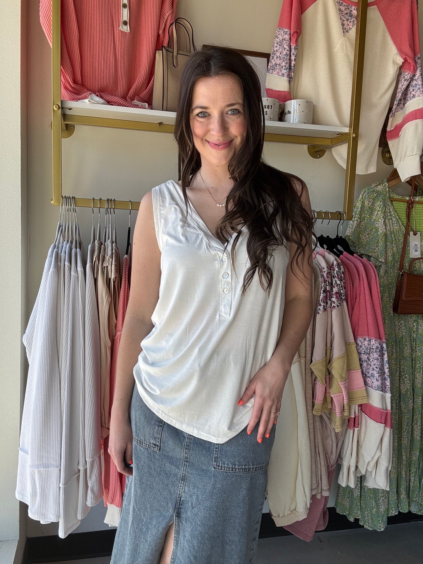 Ivory V Neck Button Tank