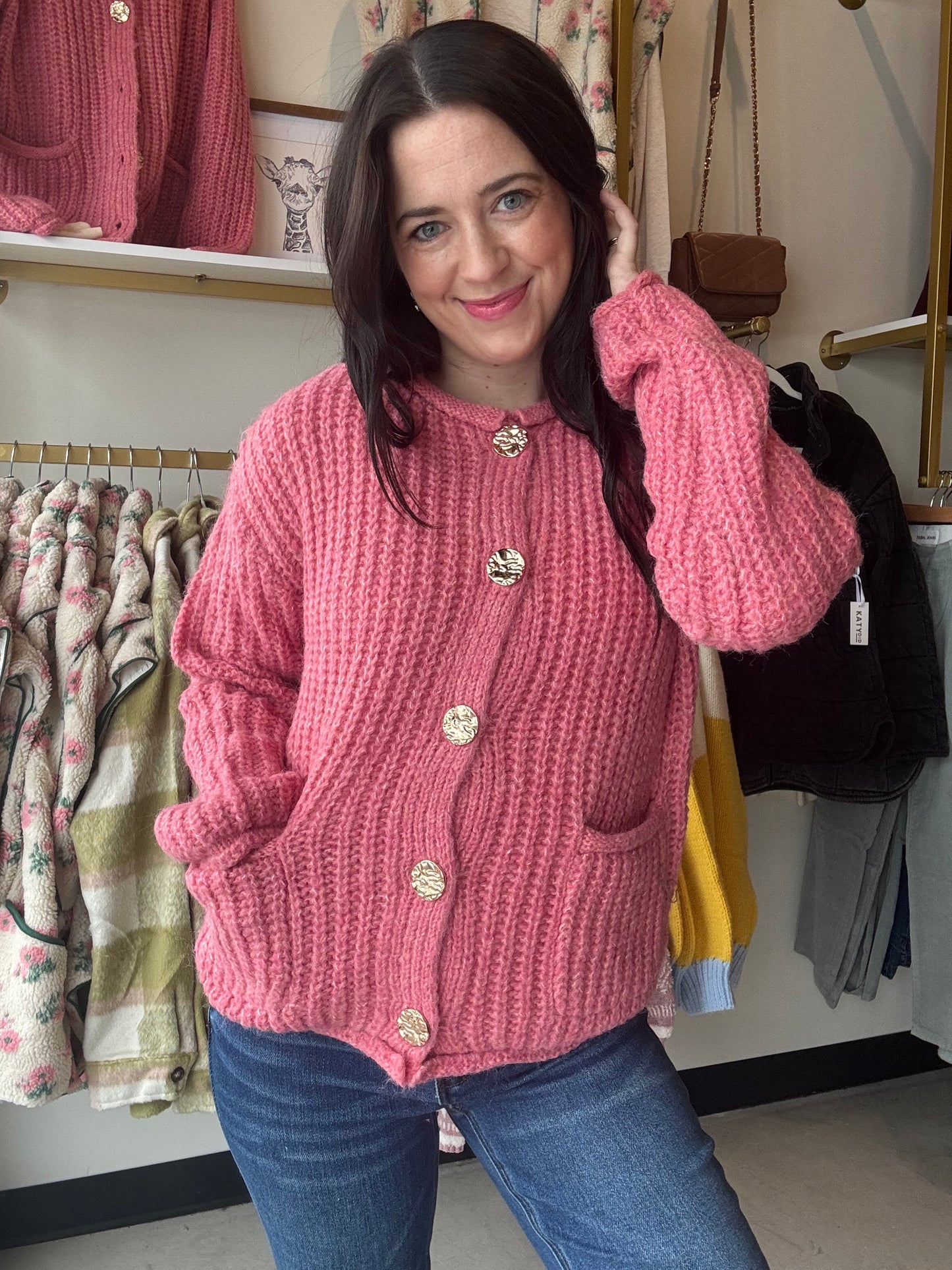 Pink Hammered Metal Button Sweater