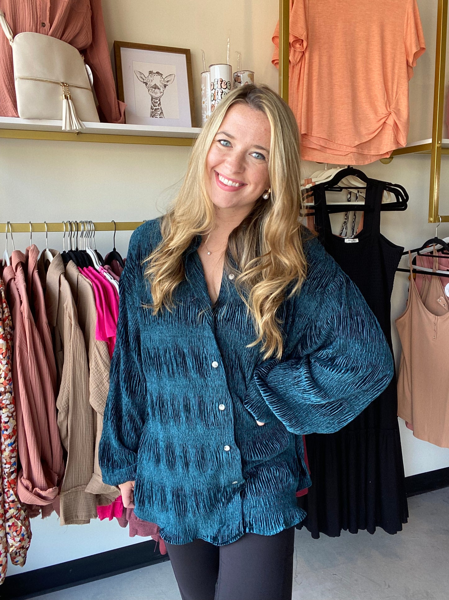 Moody Teal Tiered Velvet Top