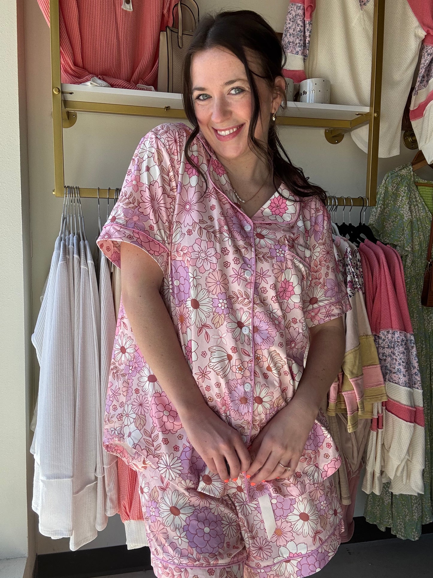 Pink Boho Button Up PJ Set