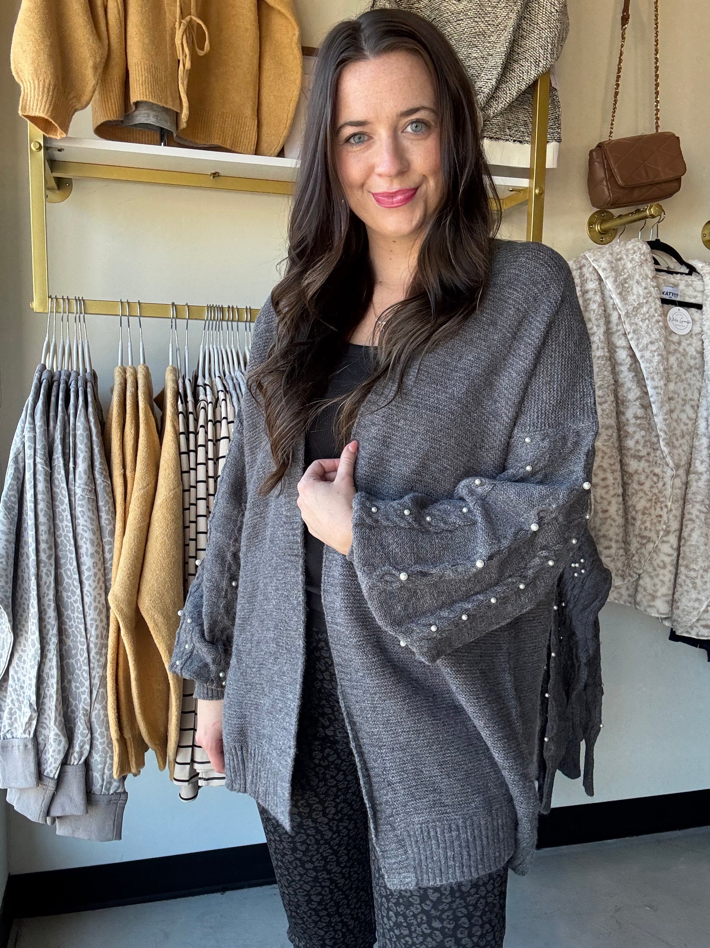 Charcoal Pearl Sleeve Cardigan