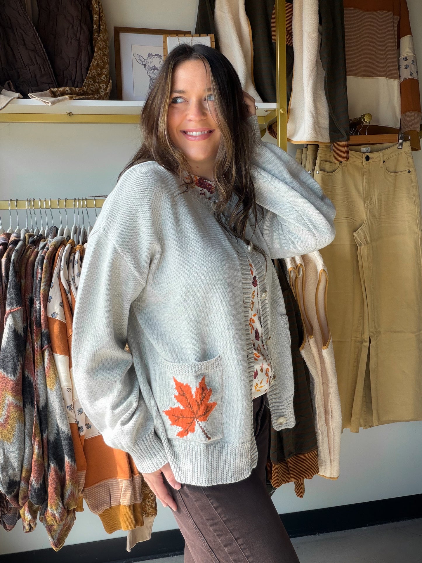 Grey Leaf Pocket Button Up Cardigan