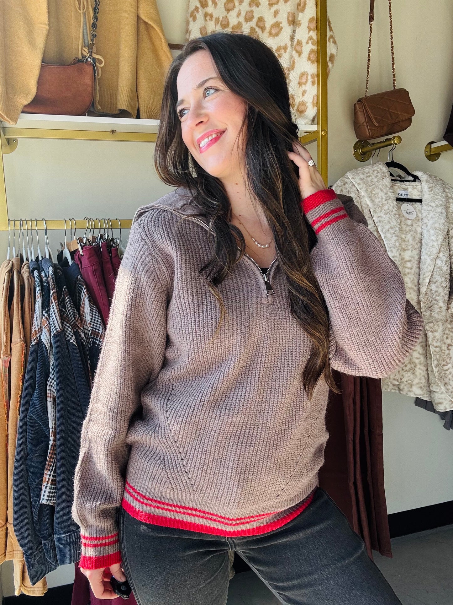 Red Accent Zip Up Pullover