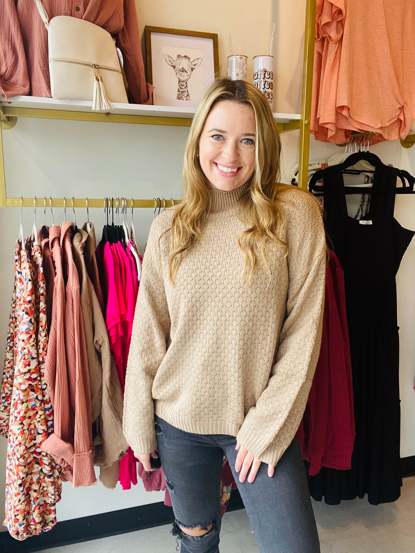 High Neck Textured Knit Sweater