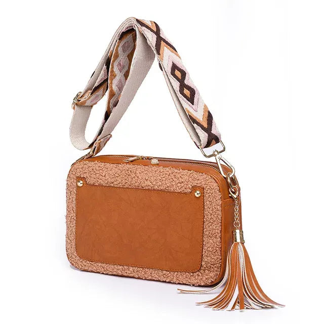 Faux Leather and Sherpa Crossbody- Camel