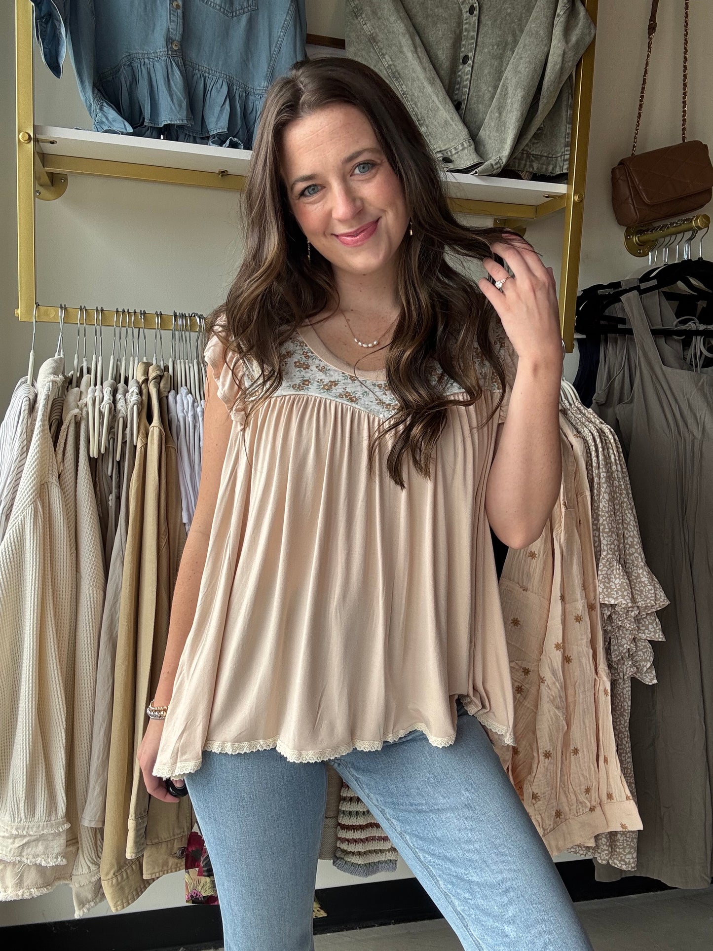 Almond Trim Shirring Top