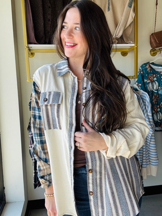 Cream Blue Plaid Button Up