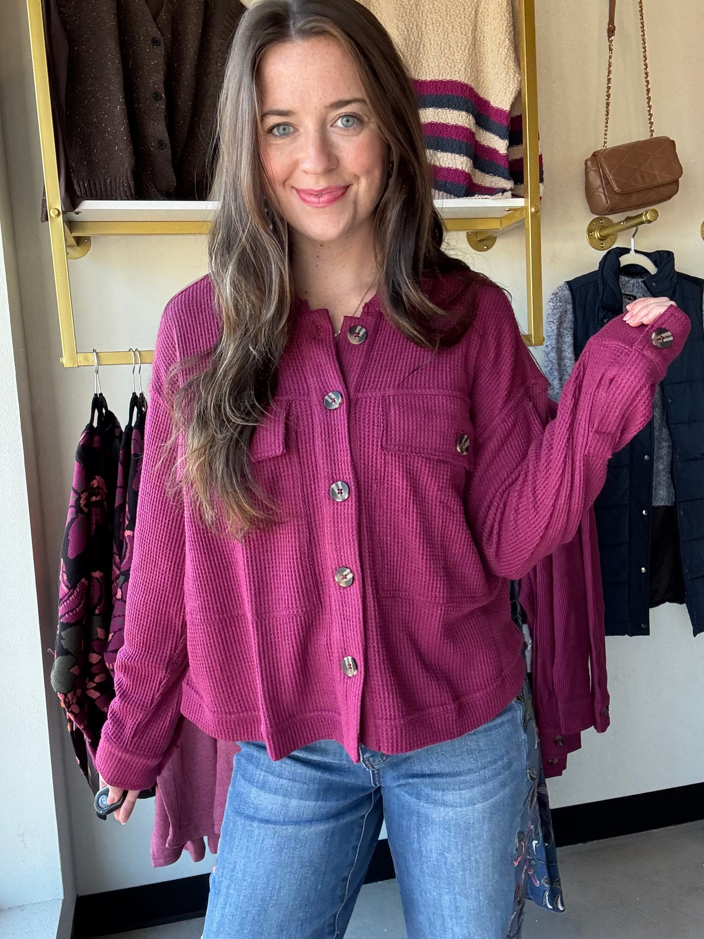 Plum Knit Waffle Shacket