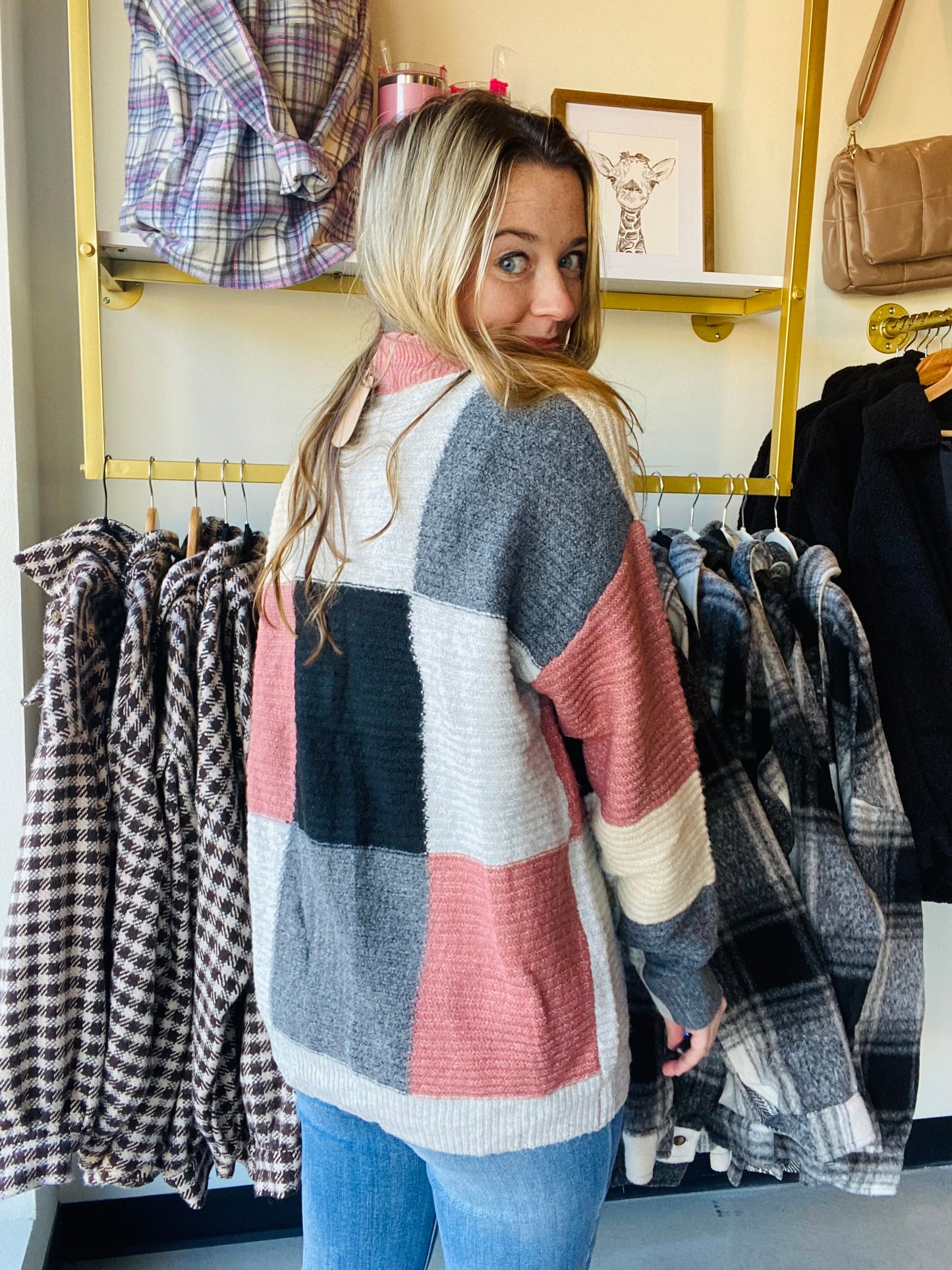 Charcoal Block Mock Neck Sweater