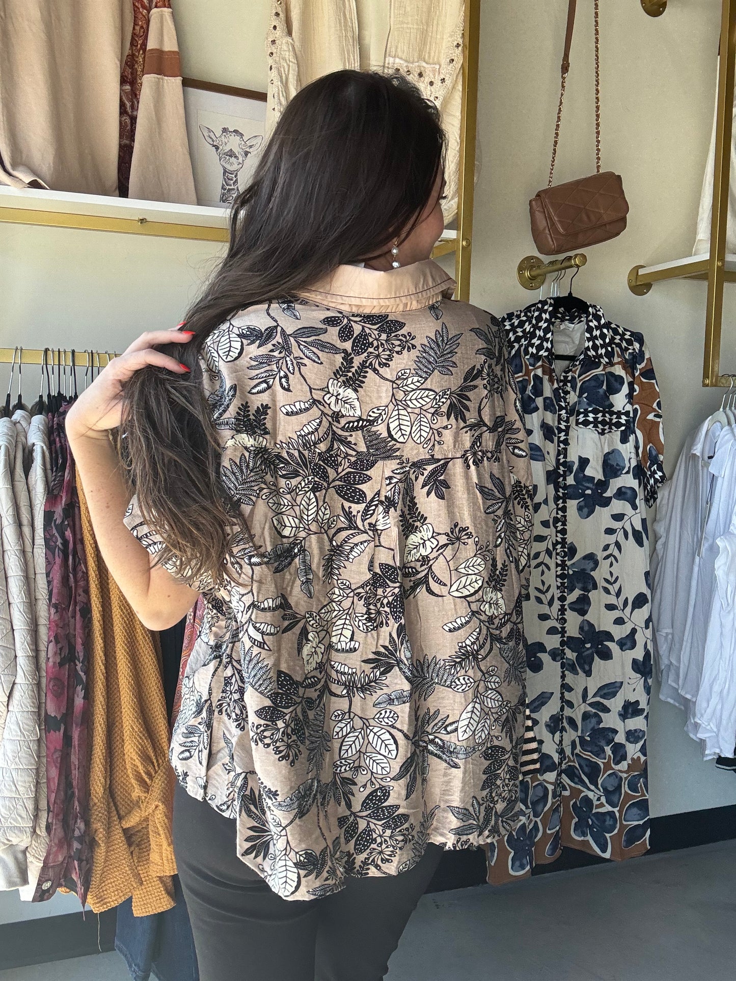 Taupe Foliage Motif Blouse