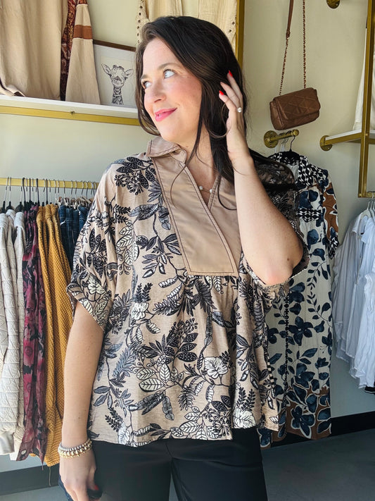 Taupe Foliage Motif Blouse