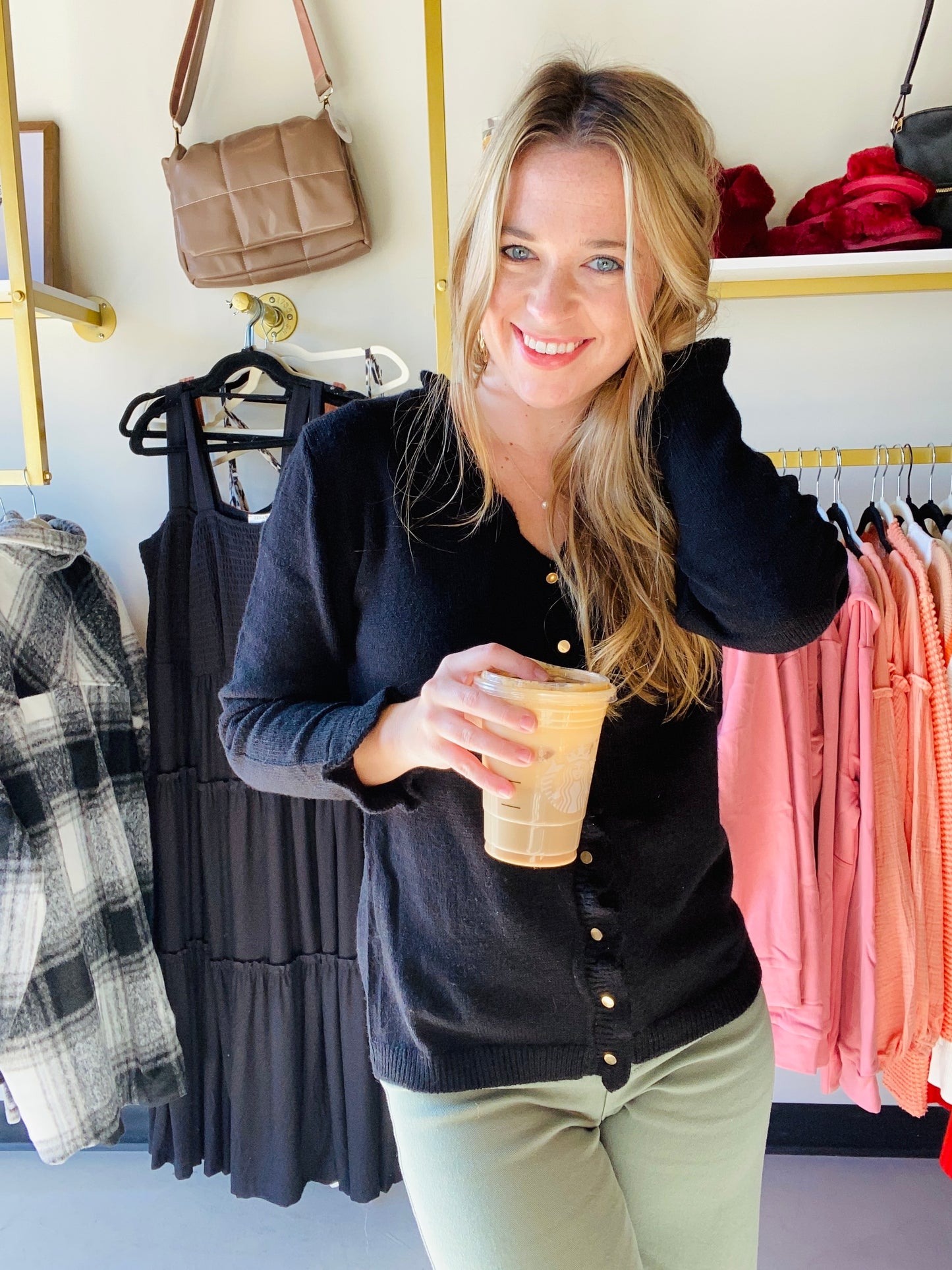 Black Frilled Hem Button Sweater