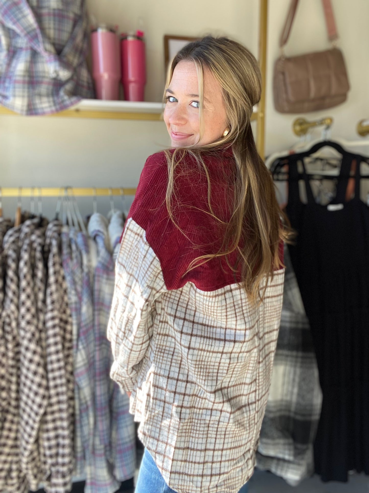 Burgundy Plaid Buttoned Shacket