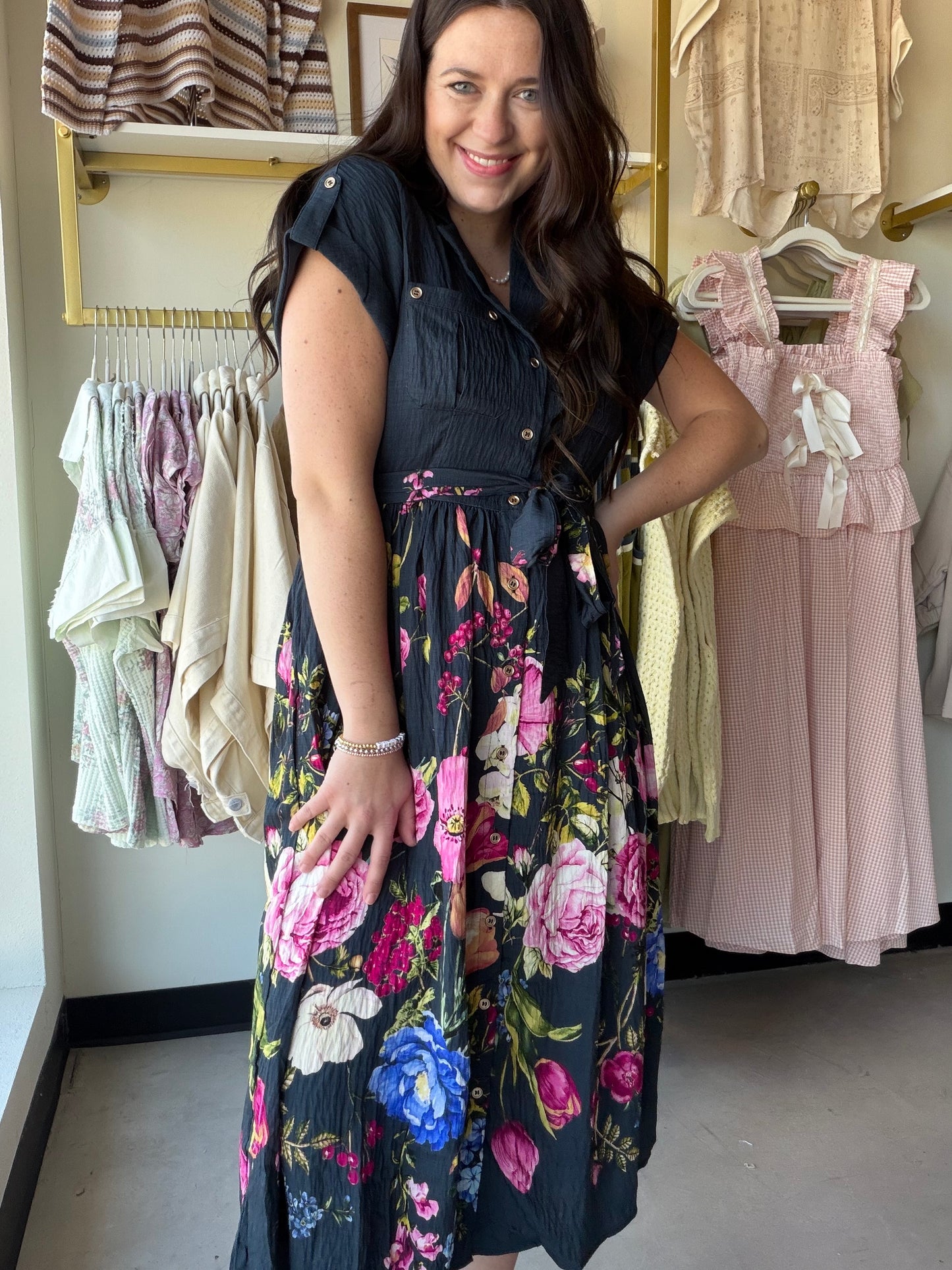 Navy Mix Floral Tie Waist Dress