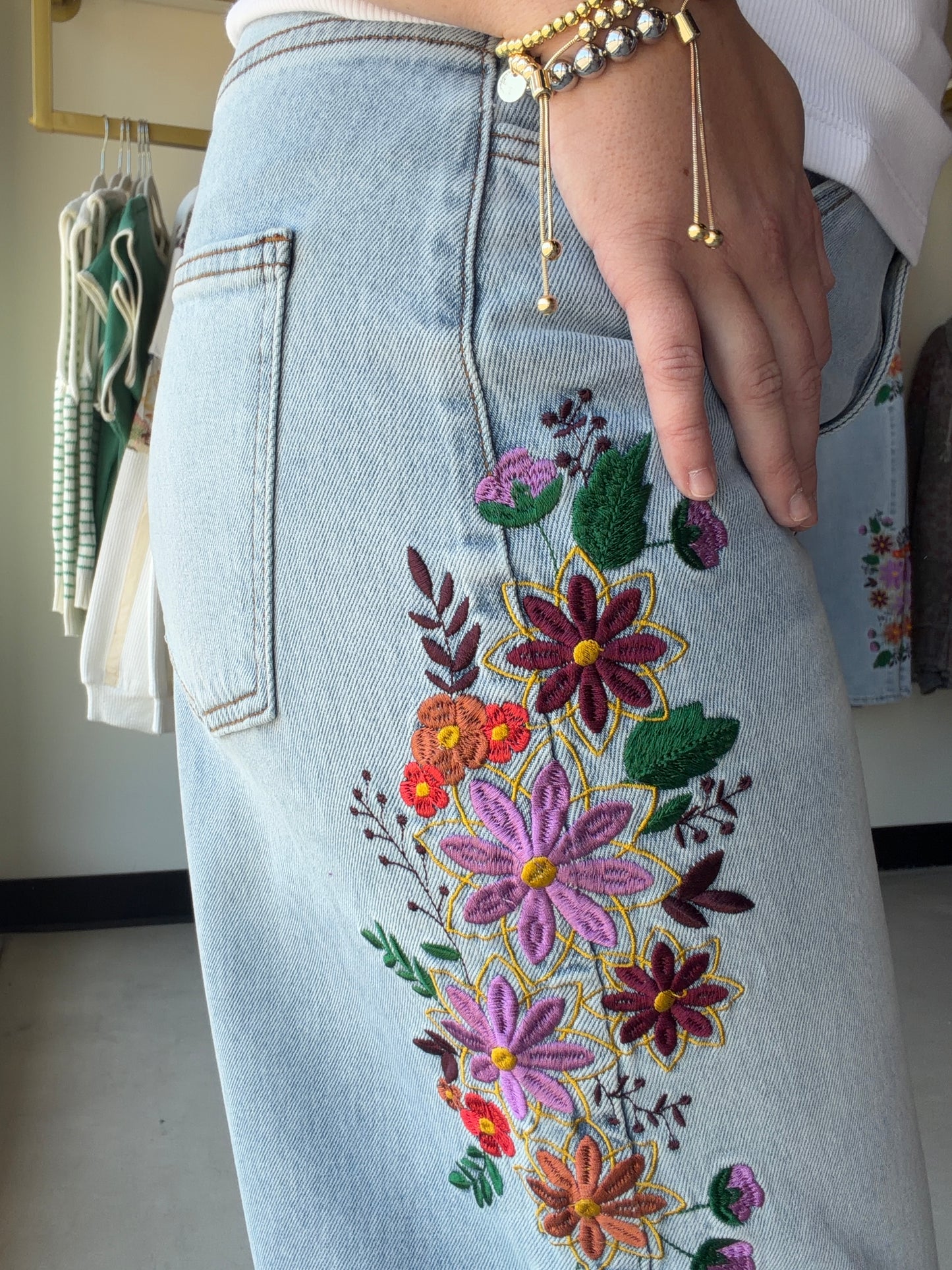 Evie Embroidered Wide Leg Denim
