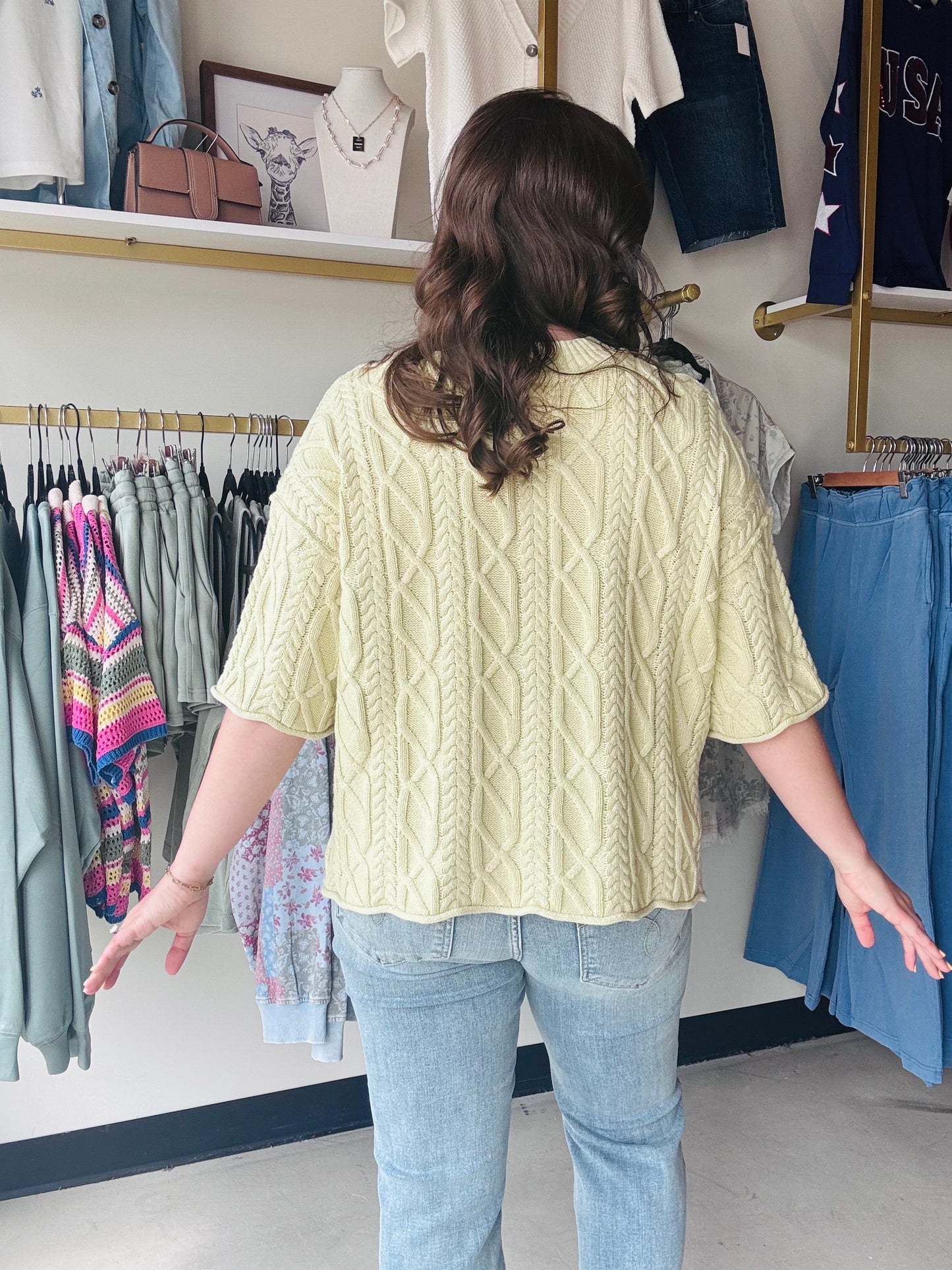 Sage Cable Knit Half Sleeve Sweater