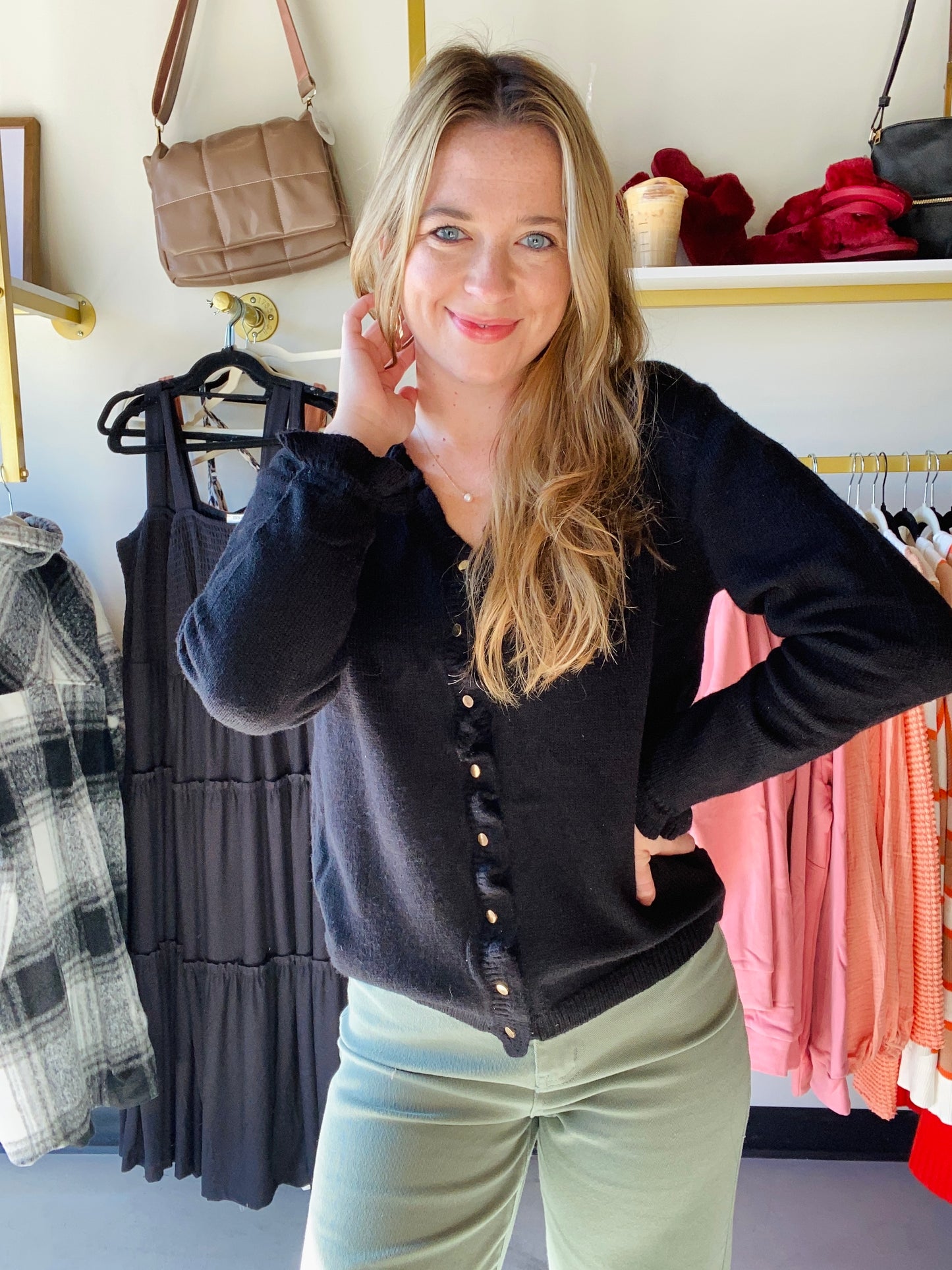 Black Frilled Hem Button Sweater