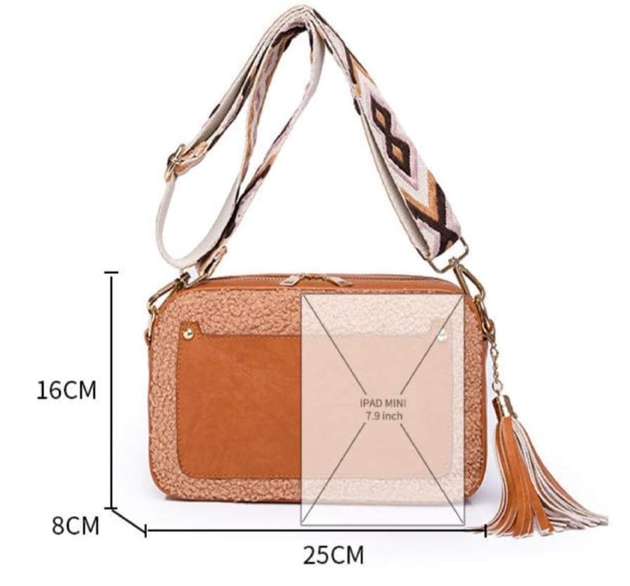 Faux Leather and Sherpa Crossbody- Camel
