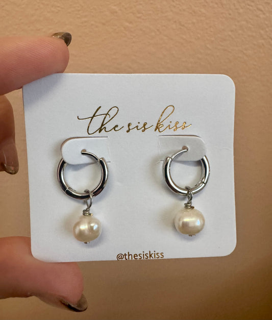 Pearl Charm Huggies - Silver