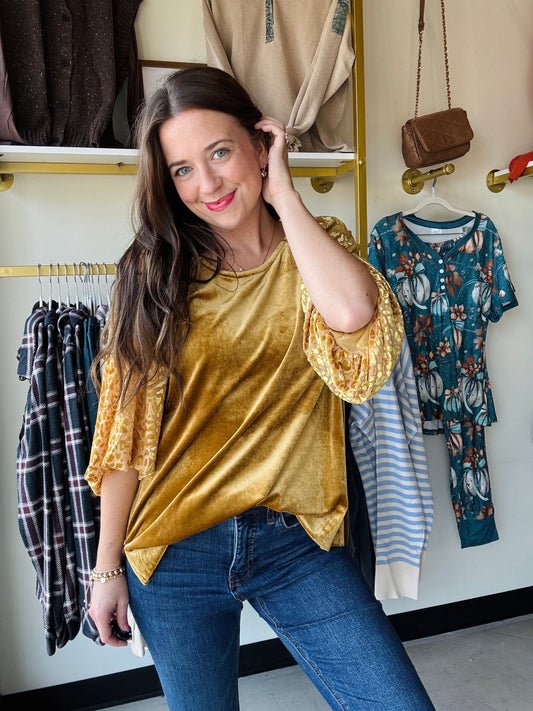 Golden Velvet Balloon Sleeve Top