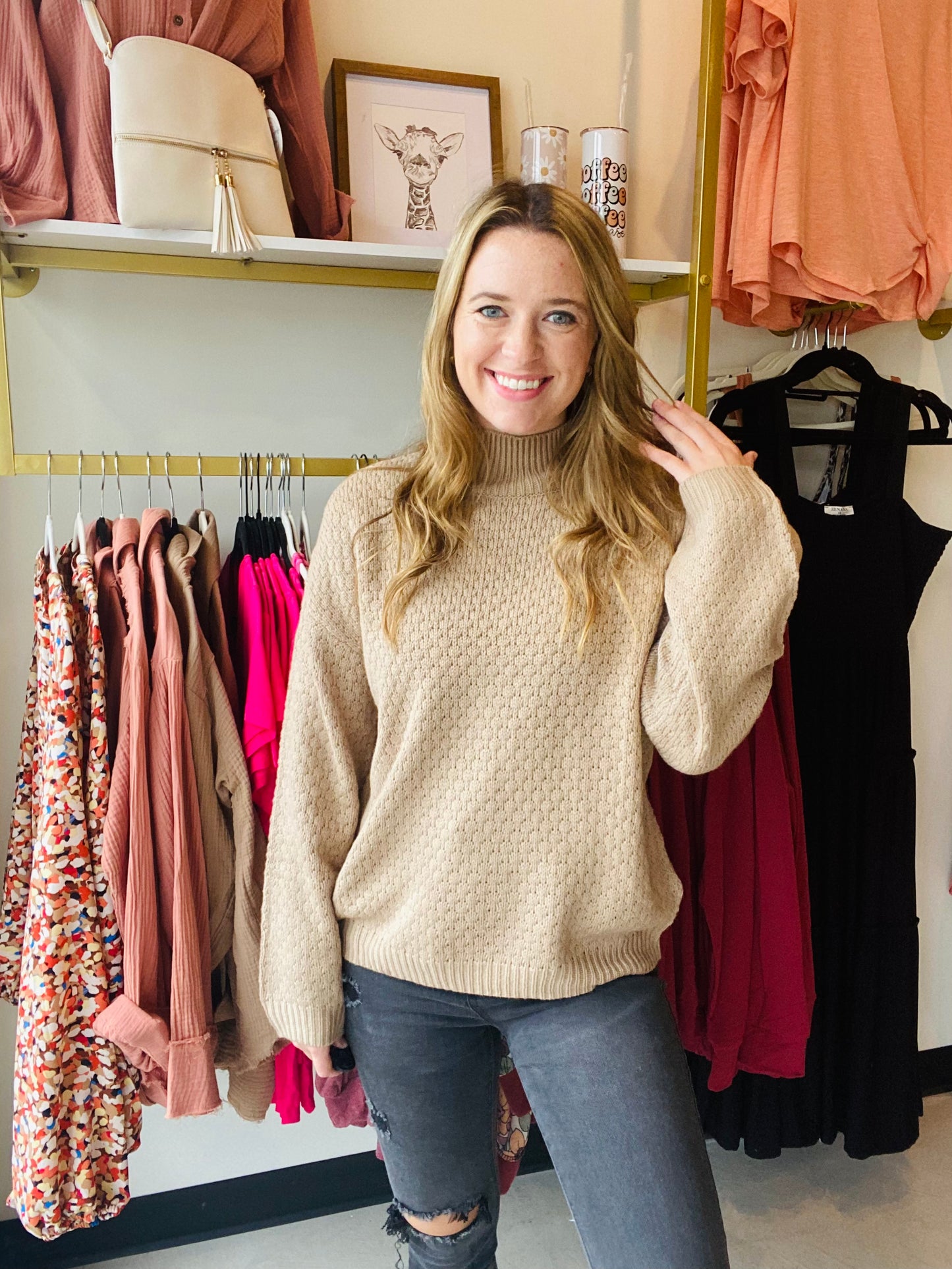 High Neck Textured Knit Sweater