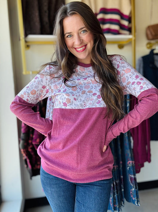 Vintage Floral Raspberry Pullover