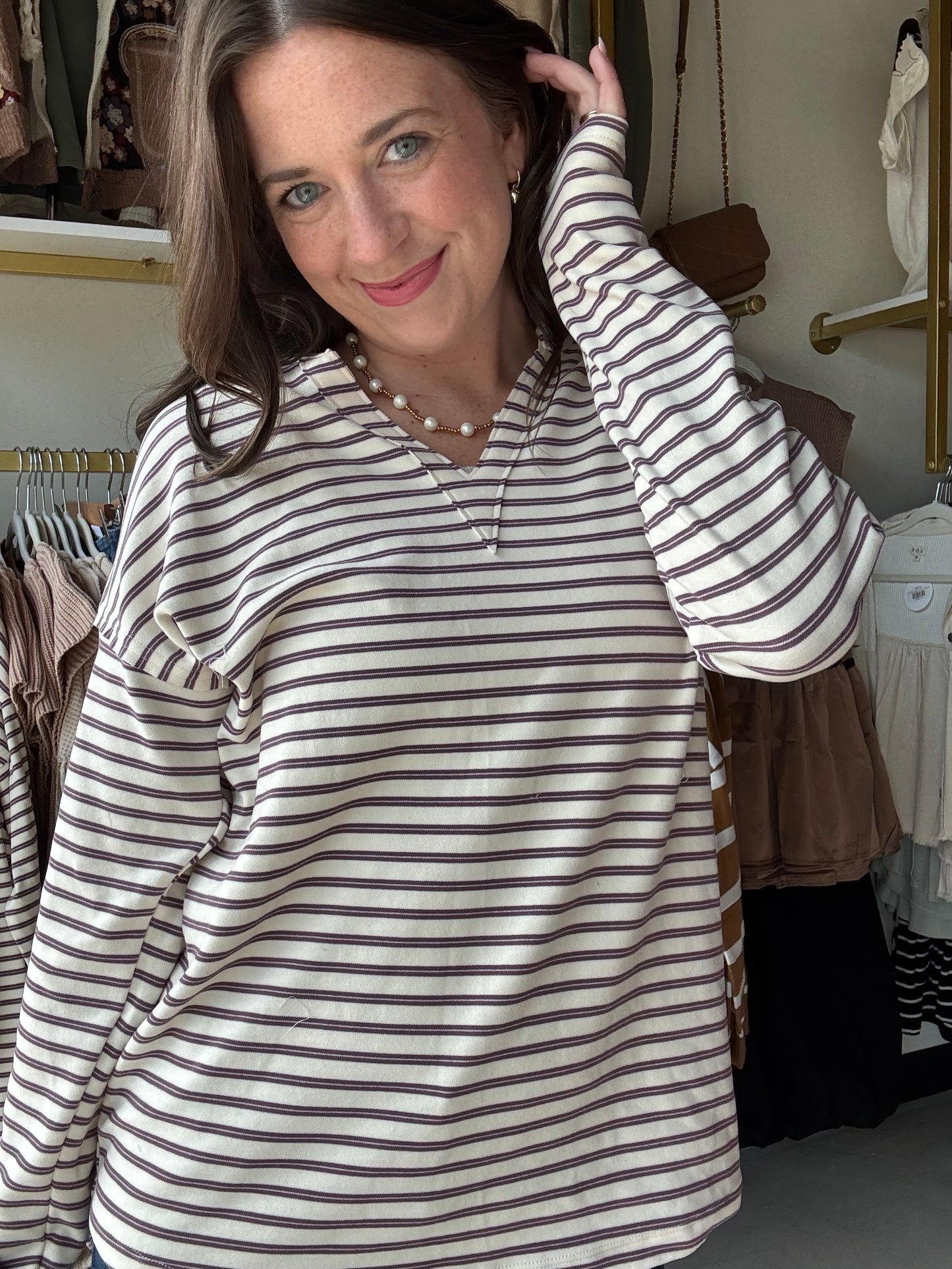 Plum Stripe V Neck Top