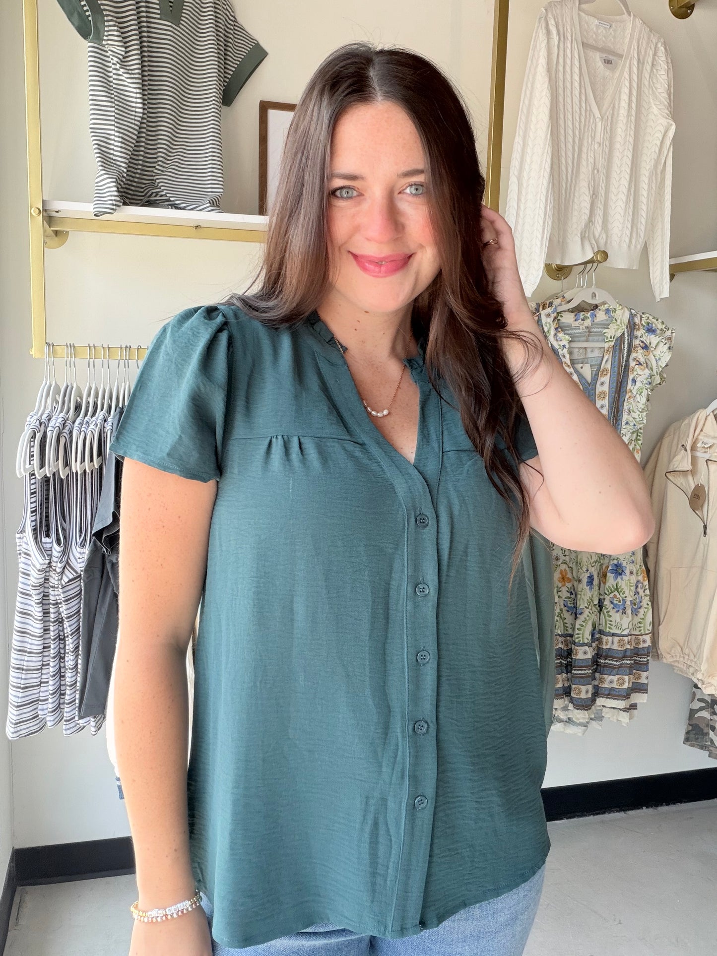 Dark Jade Ruffle Sleeve Blouse