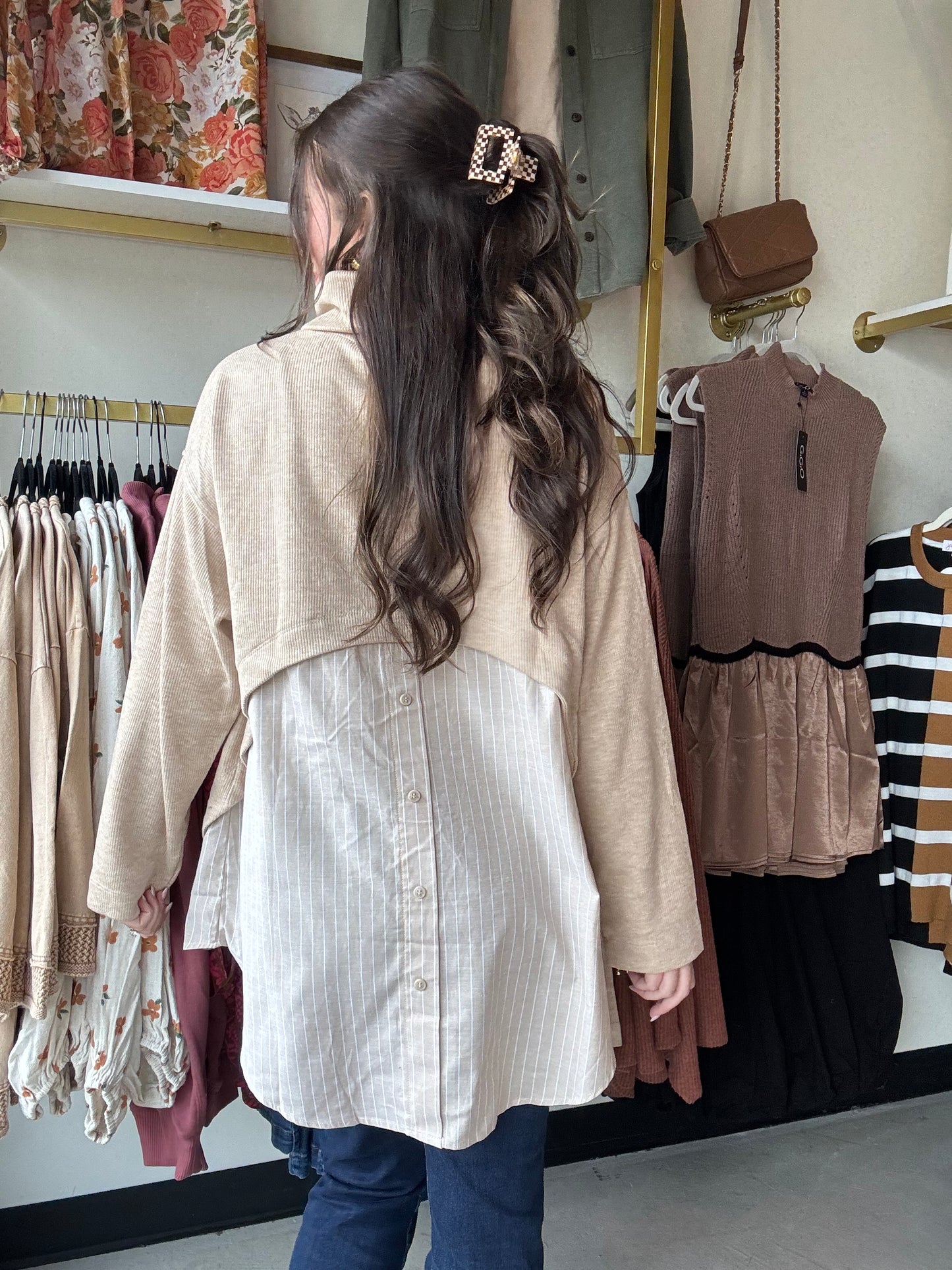 Latte Button Down Detail Turtleneck