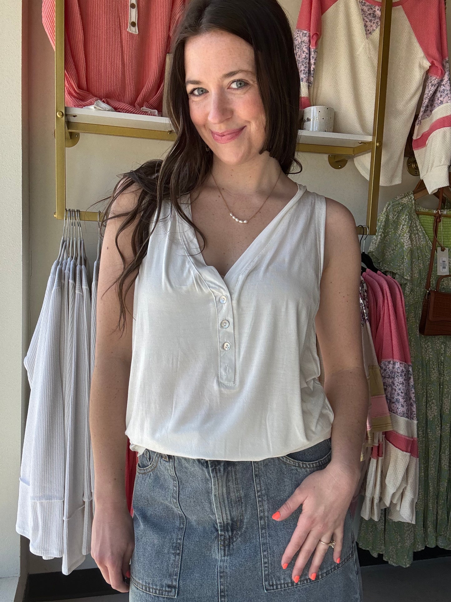 Ivory V Neck Button Tank